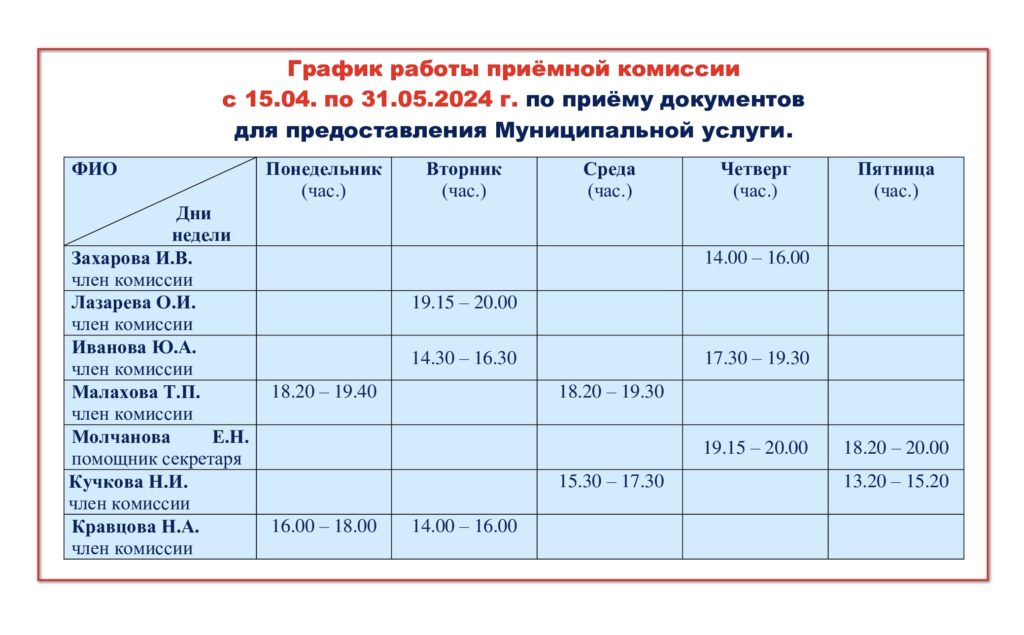 График работы приёмной комиссии с 15.04 по 31.05.2024 г. по приёму документов